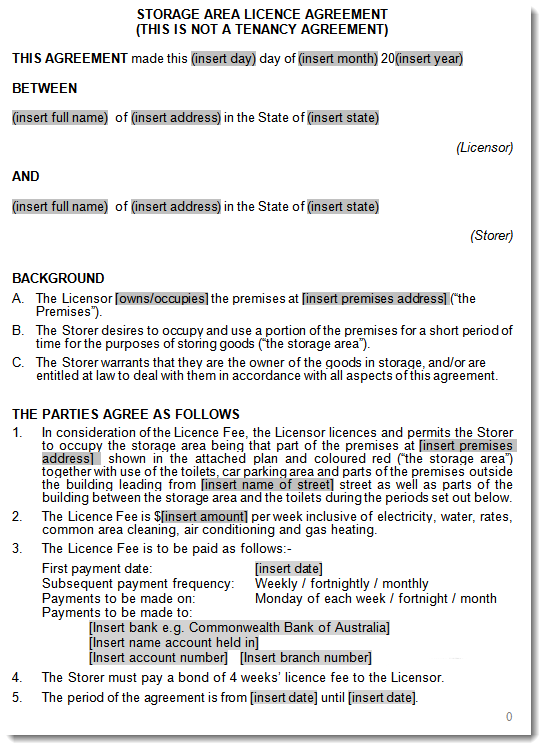 Sample Storage Space Licence Agreement